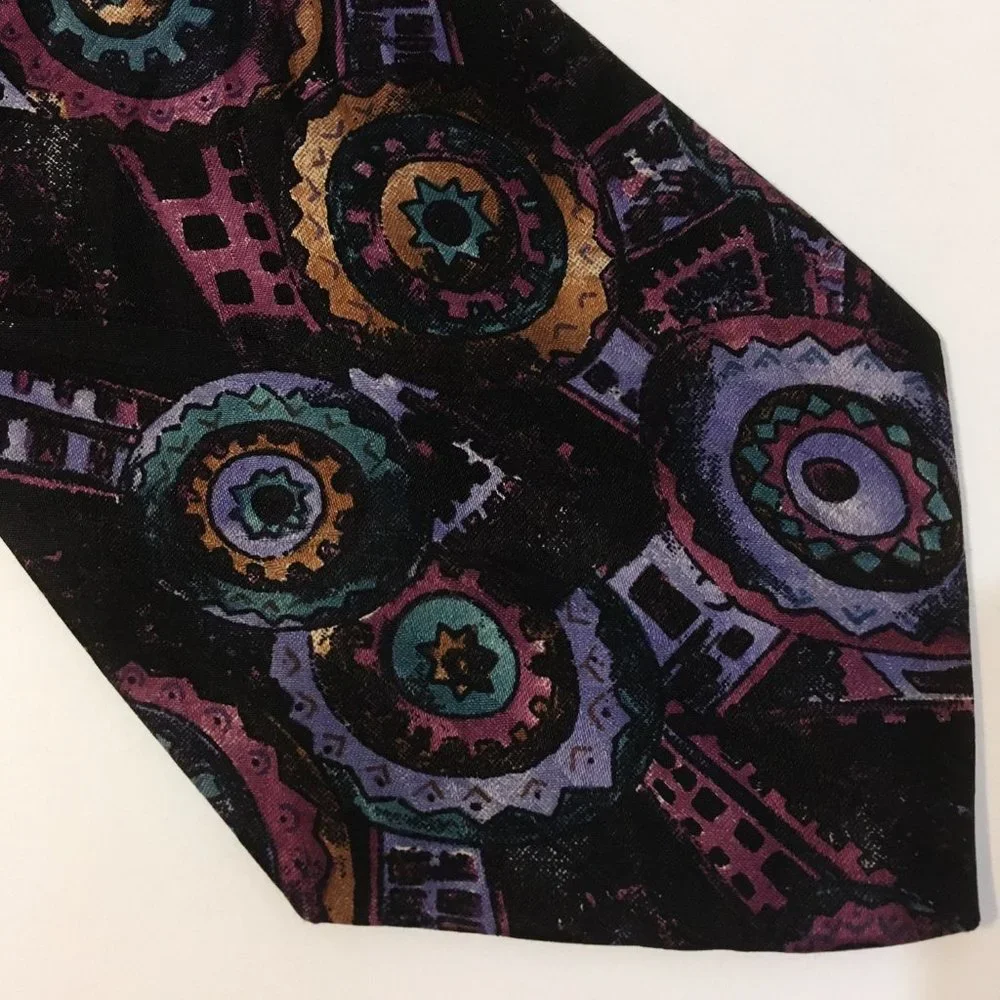 Enrico Coveri Tie Hand Made Mens Purple Teal Green Blue Gold 100% Silk Abstract